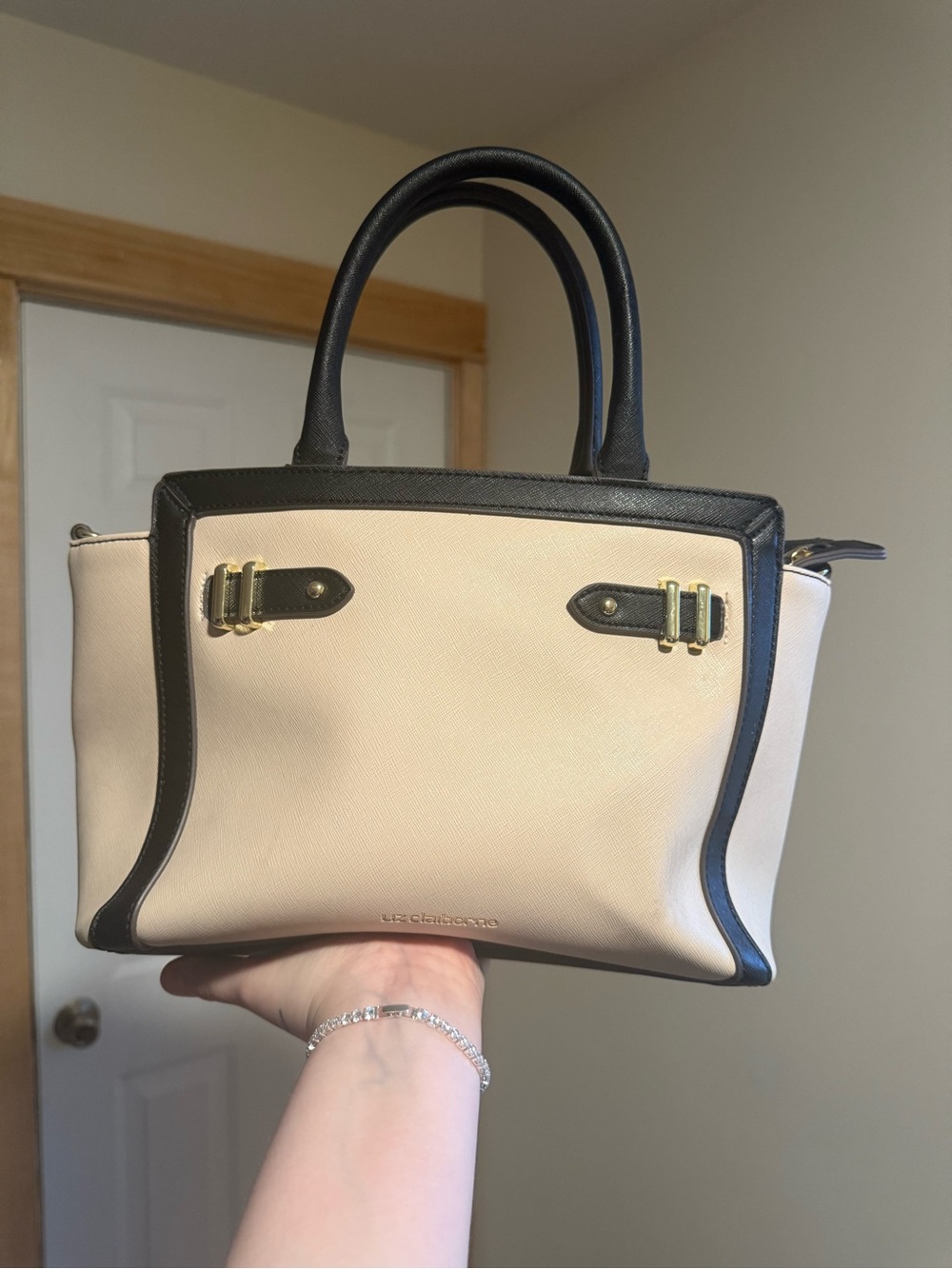 Liz Claiborne Cream and Black Leather Frame Tote